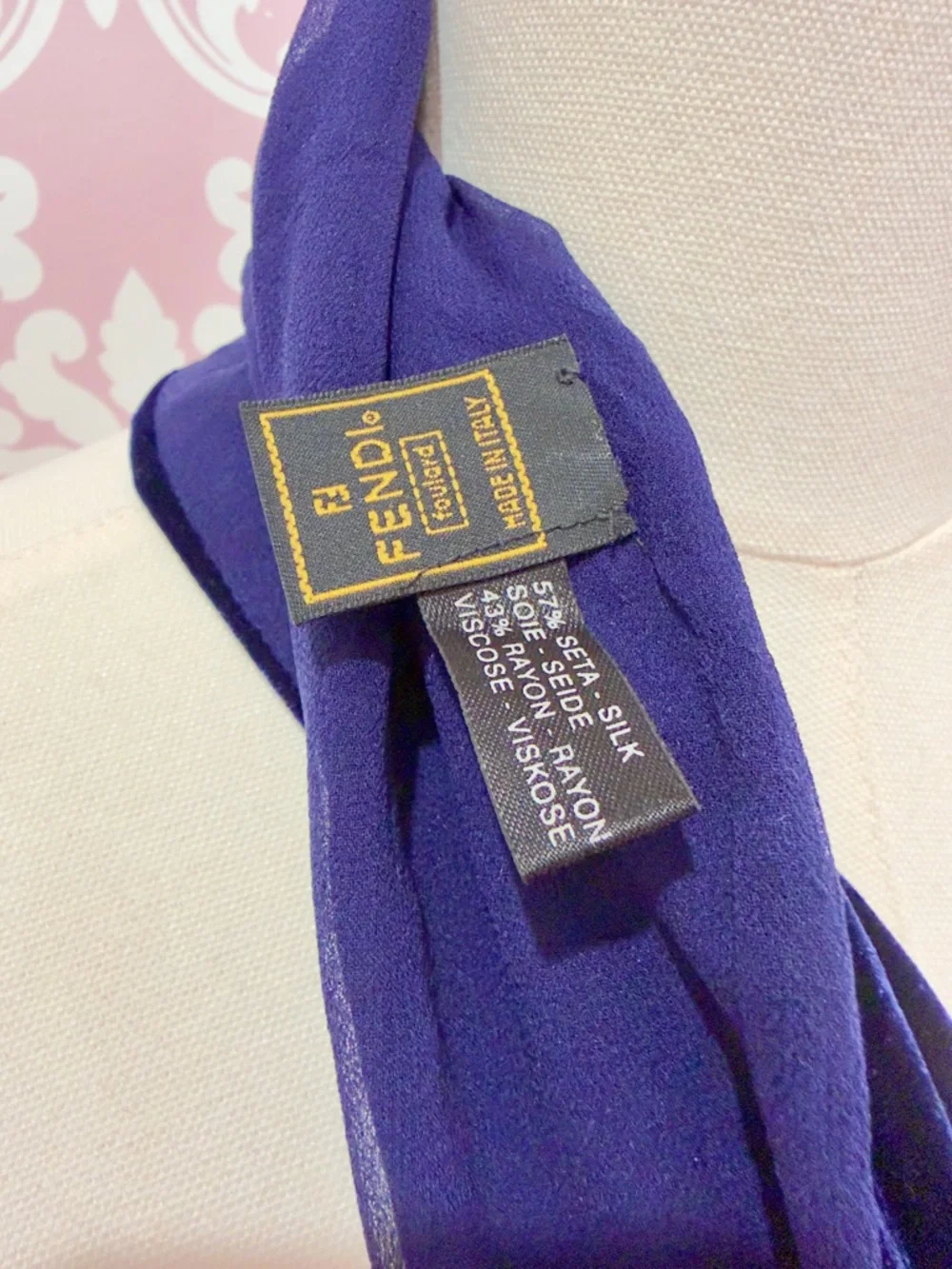 RARE Fendi Scarf Embroidered FF Logo Velvet Silk Navy